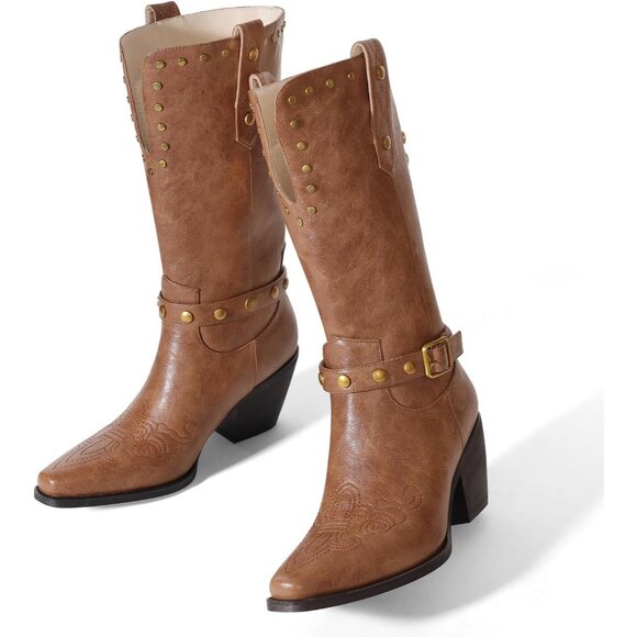 Womens Light  Brown Faux Leather Mid Calf Square Toe Chunky Heel Studded Boots - Picture 3 of 6